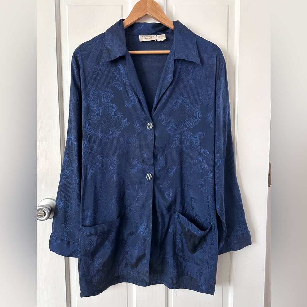 Victoria's Secret Vintage Gold Label Satin Jacquard Blue Pajama Top Nightshirt M